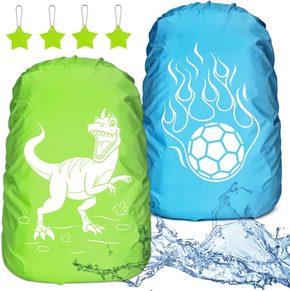 Allecto Premium - Regenhoes schoolrugzak dinosaurus-voetbal - Reflecterende strepen - Kinderen veilig in regen