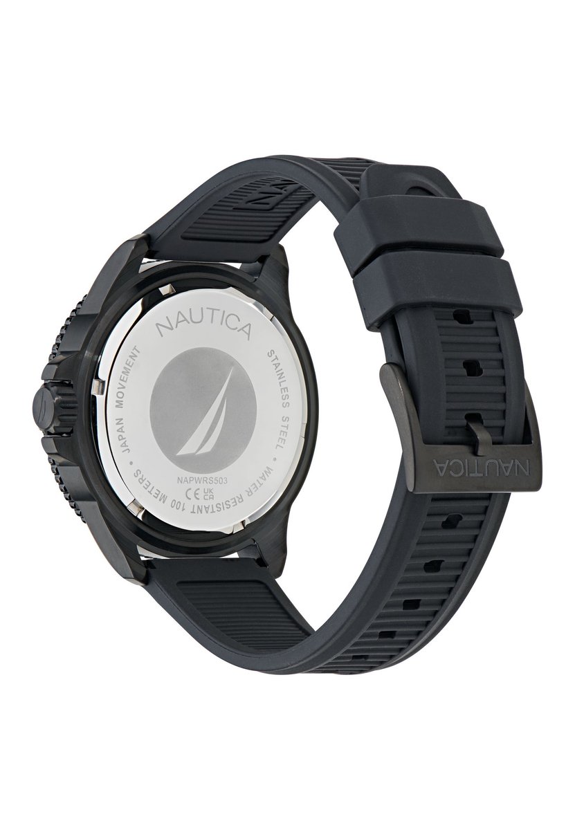 Nautica Nct Windrose Quartz Chronograaf Horloge Zwart Blauw Kast: 100% Roestvrij Staal. Armband: 100% Siliconen 46.5 NAPWRS503, NAPWRS504