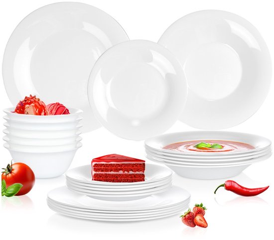 Un ensemble de vaisselle blanche Vilde, incluant des bols empilables avec de la crème glacée, des assiettes empilées avec une part de gâteau velours rouge, et des bols à soupe avec de la soupe aux tomates.