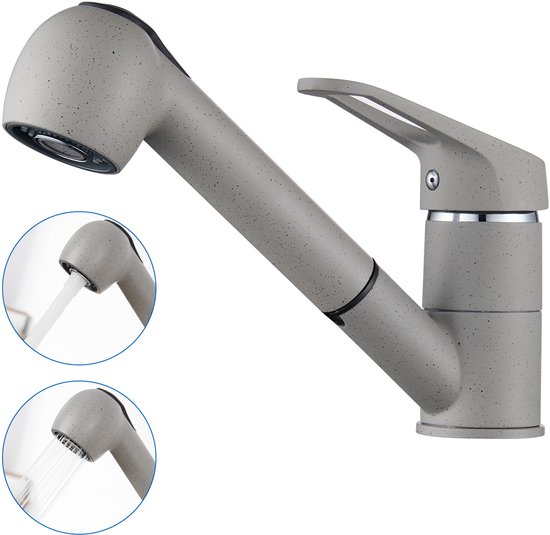 Robinet de cuisine gris avec douchette extractible, avec des encarts montrant les modes jet et douche.