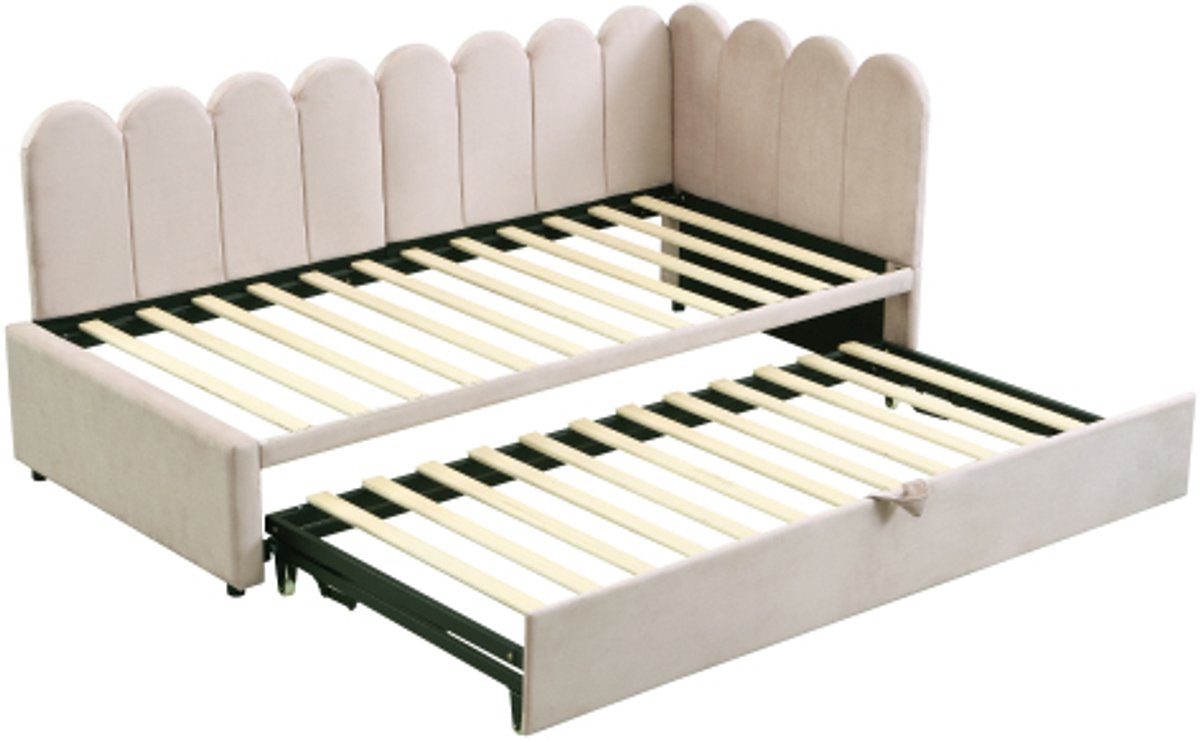 Slaapbank 90/180 x 200 cm, fluwelen gestoffeerd bed, ruimtebesparend ontwerp, te gebruiken als kinderbed of logeerbed, beige