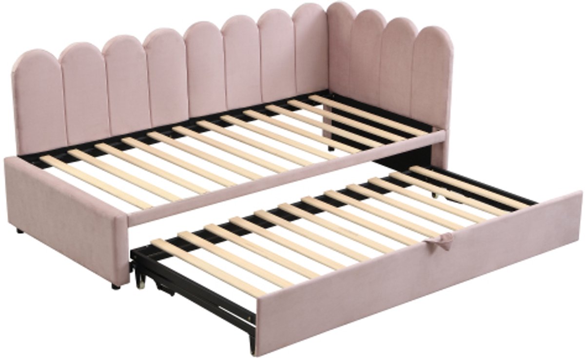 Slaapbank 90/180 x 200 cm, fluwelen gestoffeerd bed, ruimtebesparend ontwerp, te gebruiken als kinderbed of logeerbed, roze