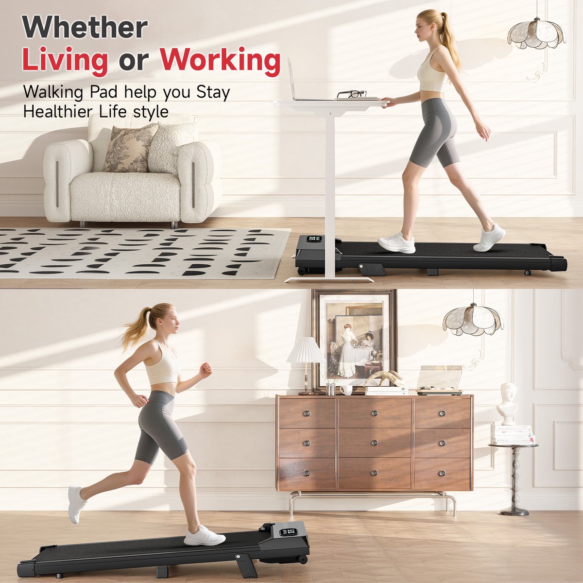 Afbeelding 2 van 3 in 1 loopband - Loopband met 7% helling - Elektrische 2,5 pk loopband - 1-8 km/u verstelbaar - Oppervlak 38,5 x 94 cm - Zwart