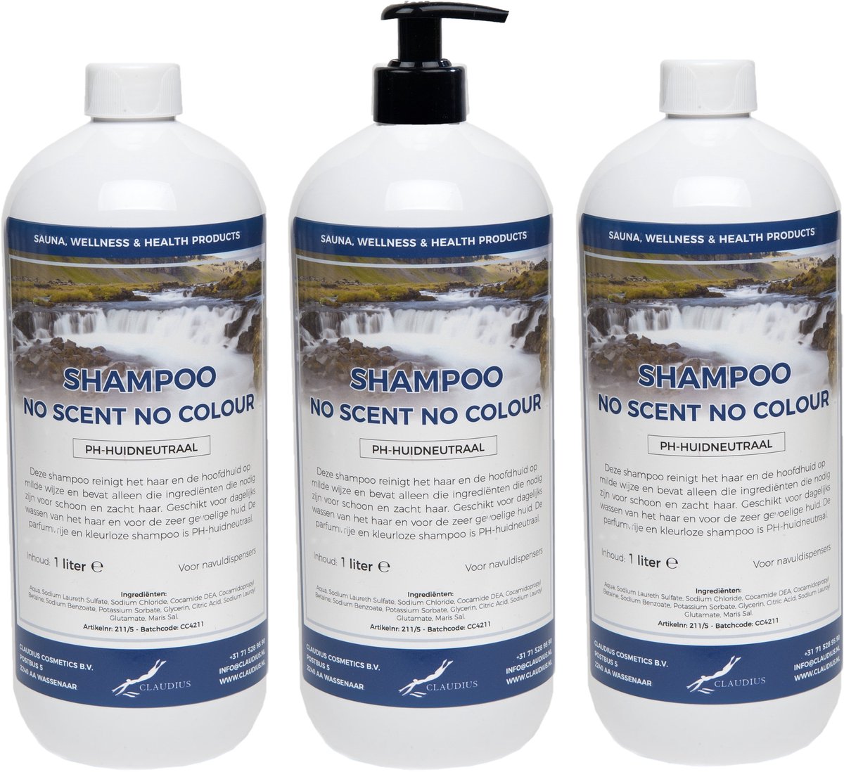 Shampoo No Scent No Colour - 1 Liter - met gratis pomp - set van 3 stuks - Voordeelverpakking - Haarverzorging