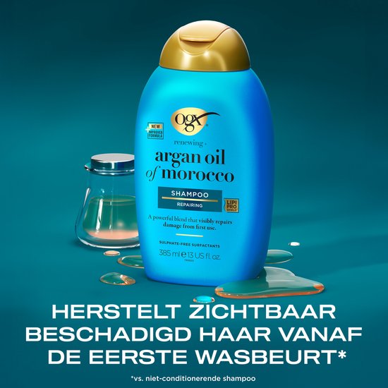 OGX Argan Oil of Morocco Shampoo, Arganolie, Sulfaatvrij, Herstelt Glans & Sterkte, Voor Droog & Futloos Haar, Lichtgewicht Formule, 6x385 ml
