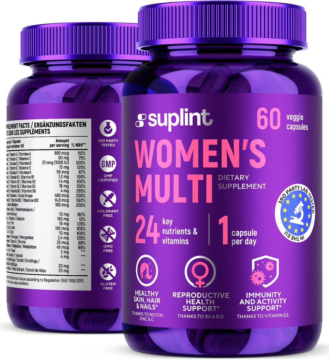 Goedkoopste Multi Vitamine VROUW – Vitamine – Multivitaminen - Multivitamines en mineralen - Multivitamine Vrouw – Vitaminen – Dagelijkse aanvulling – Hair - Nail - Skin – 60 capsules – 1 per dag - Suplint