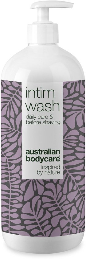 Witte pompflacon met paars bladpatroon, met 'intim wash' en 'australian bodycare' logo.