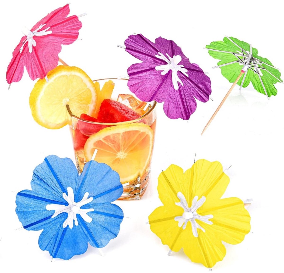 Daity 50 stuks - Cocktailprikkers met paraplu's - cocktailprikkers met houten tandenstokers - zomerse Hawaiiaanse cupcakedecoratie - parapluprikkers (willekeurige kleuren, gemengde kleuren)