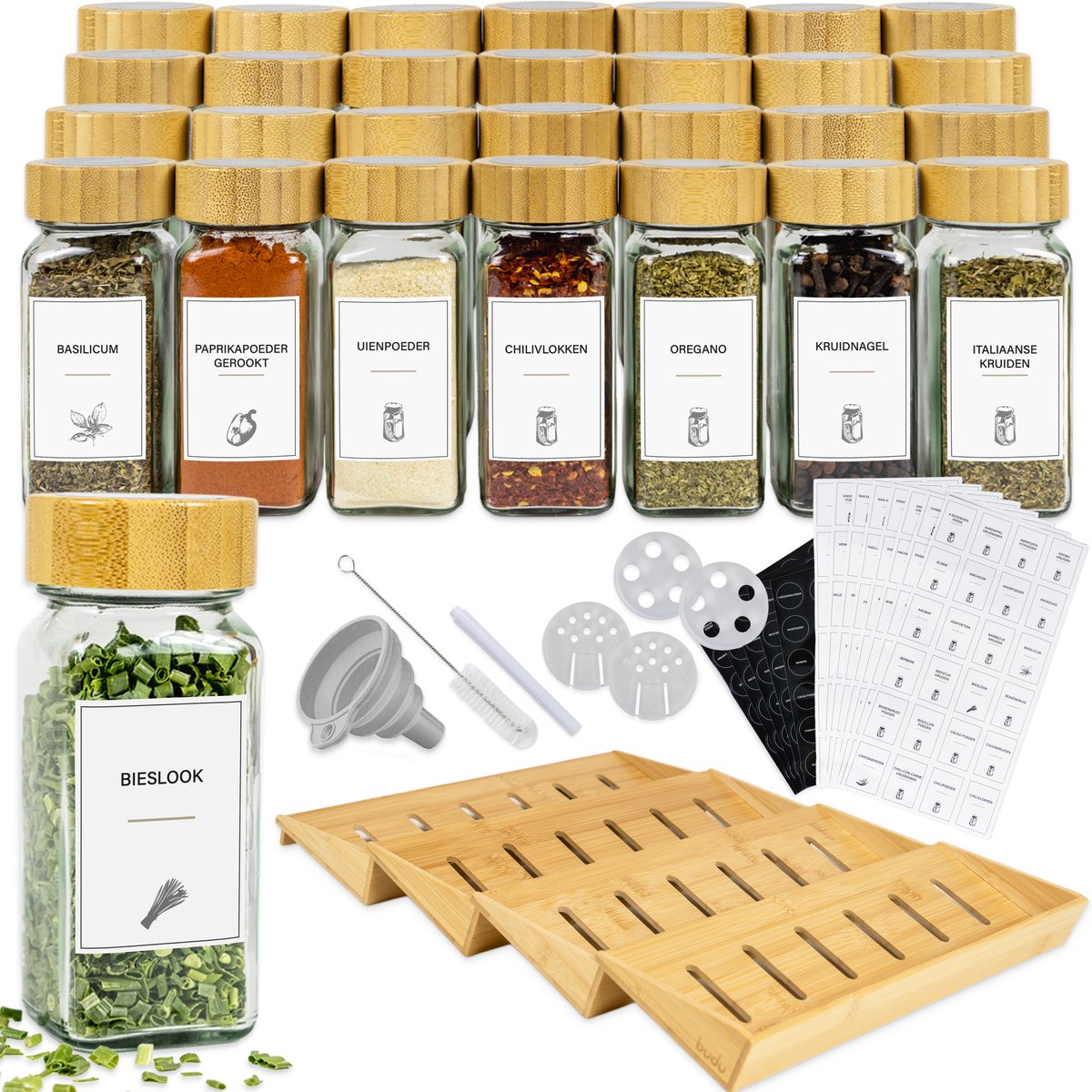 Budu Kruidenrek + Kruidenpotjes (28 stuks) - Complete set - 28 Glazen Potjes met Bamboe Deksel – Incl. 160 Stickers, Trechter, Stift, Strooidopjes & 4 Bamboe Kruidenrekjes voor Lade