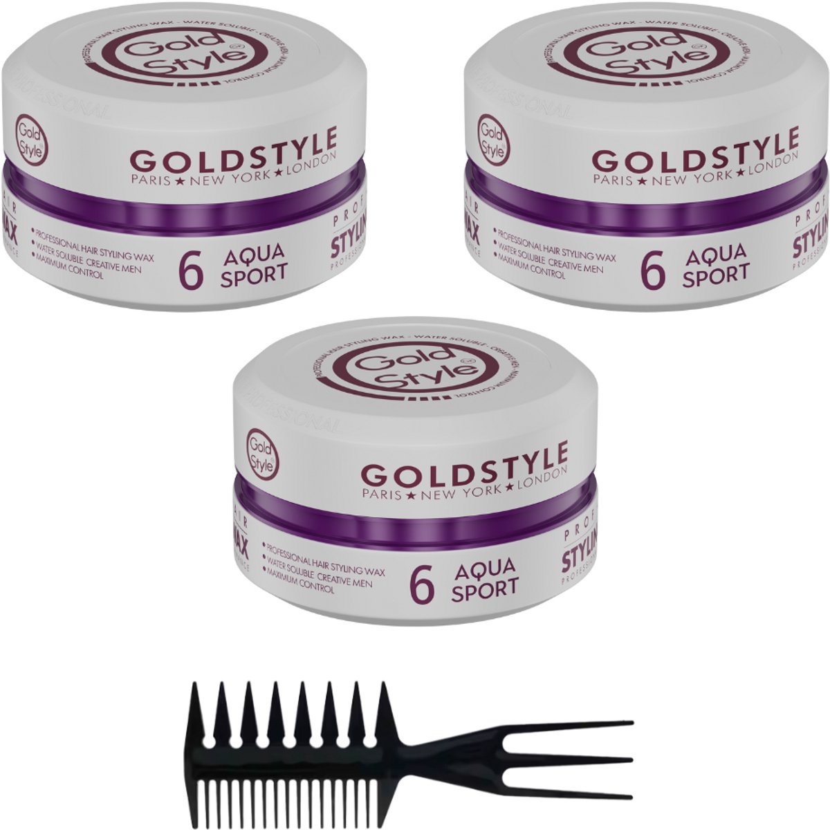 Gold Style Aqua Sport Haar Wax – 3 x [150 ml] + 1 styling kam– Haarwax voor Mannen – Sterke Hold & Frisse Look