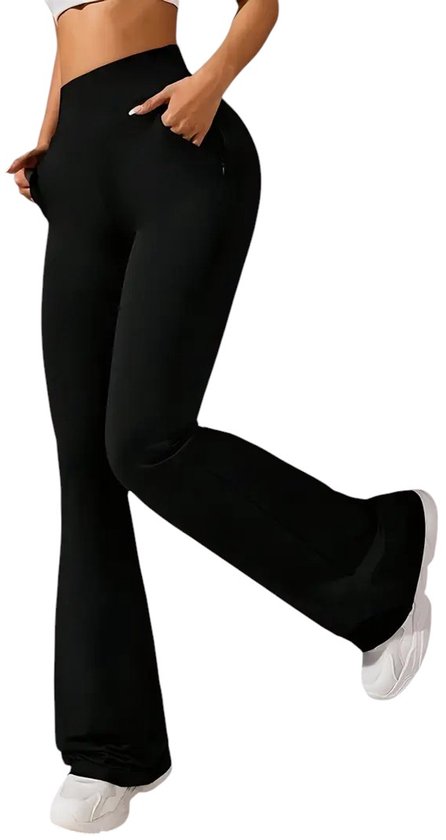 Foto: Everyday legging met zakken hoge taille flared pants with pockets pocket legging rekbaar ultra zacht comfortabel wijde pijpen ademend met zakken zwart maat m