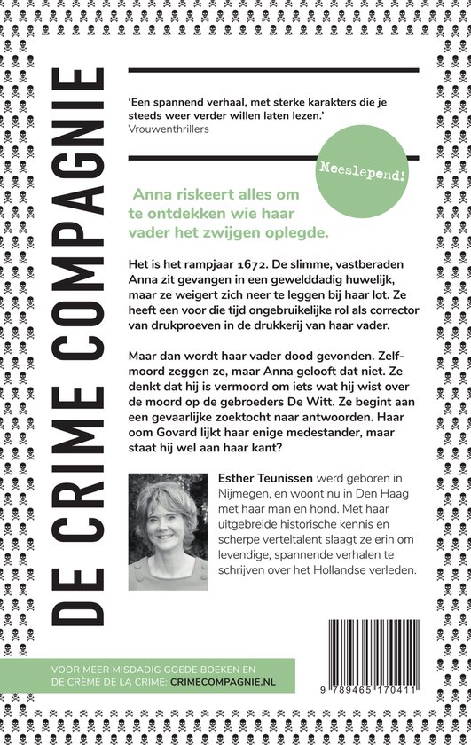 Achterkant van 'De Crime Compagnie' met tekst en een foto van Esther Teunissen.
