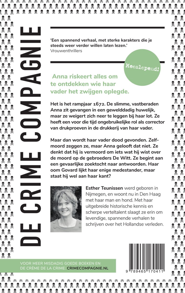 Achterkant van 'De Crime Compagnie' met tekst en een foto van Esther Teunissen.