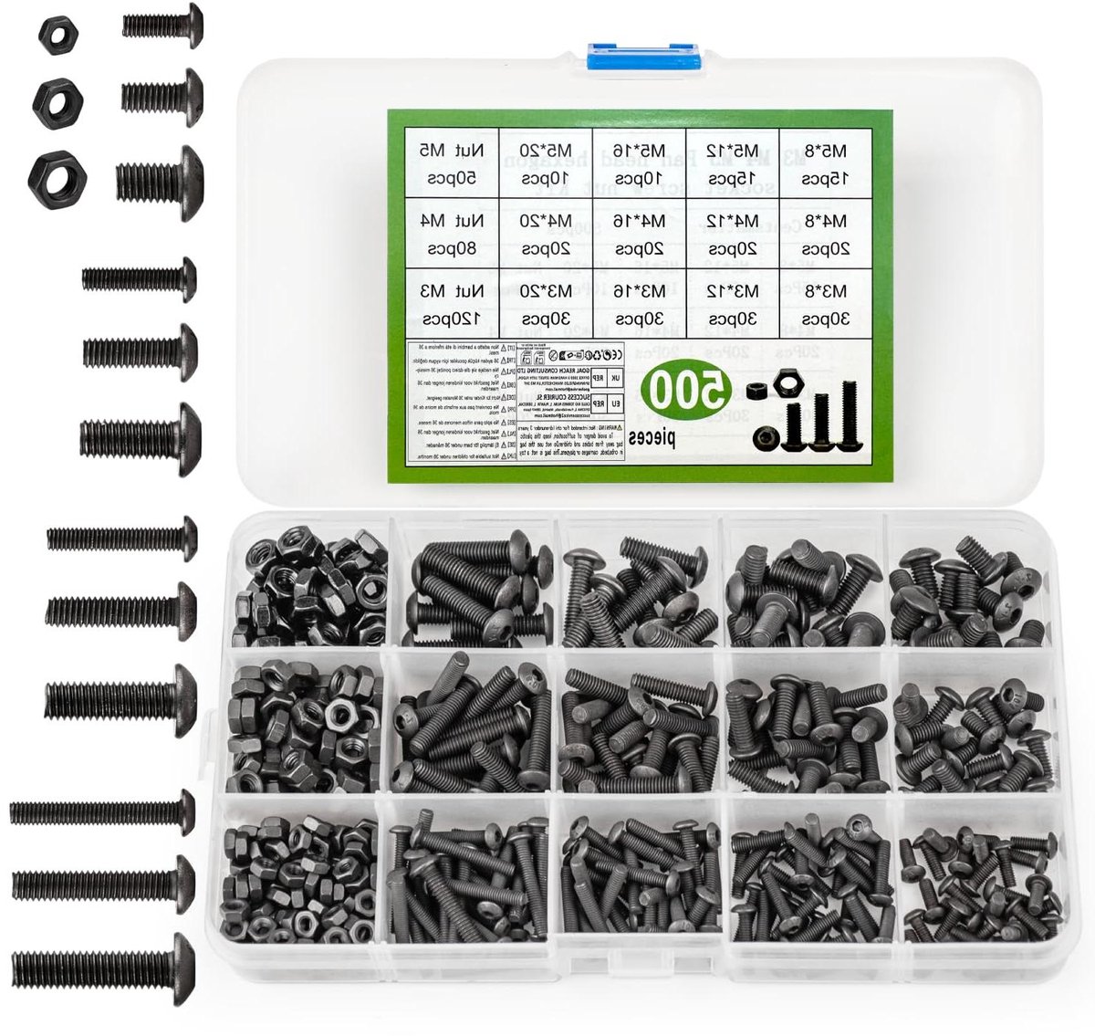 Allecto Premium - 500-delige zwarte schroevenset met binnenzeskant - M3 M4 M5 - assortimentset met moeren