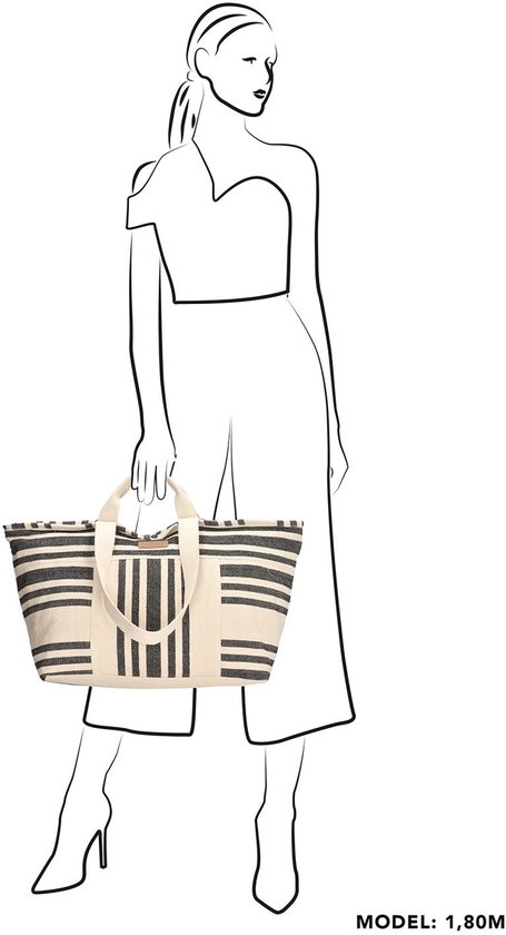 Schematische tekening van een vrouw van 1,80m die een beige tas met zwart gestreepte patronen draagt.