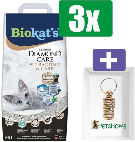 Biokat's Diamond Care attracting&care 8ltr - Kattenbakvulling - 3 Zakken - Inclusief PetsHome Goudkleurige Adreskoker