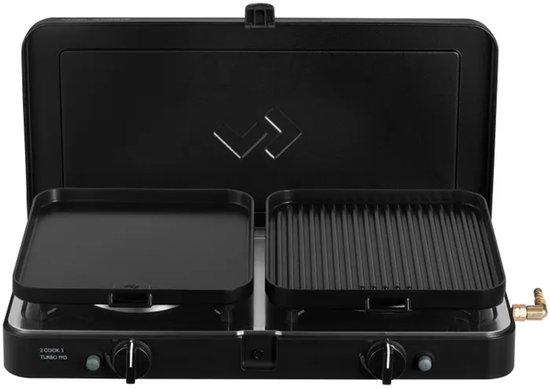 Réchaud noir Cadac 2 Cook Turbo à 2 brûleurs ouvert, avec plaque grill et plaque de cuisson.