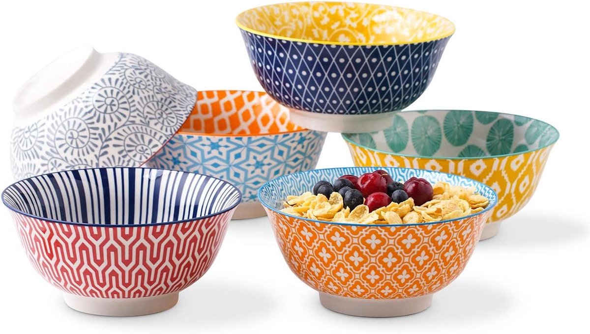 Allecto Premium - 7" Porseleinen Kommen Set - Set van 6 Keramische Kommen voor Ontbijtgranen Soep Salade en Pasta in Diverse Kleuren