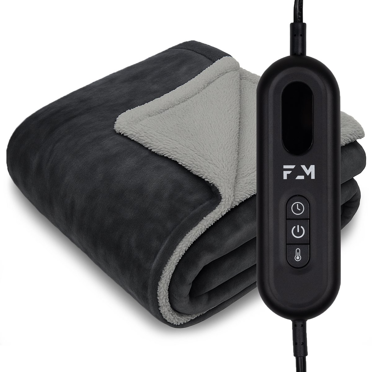 FlowMotion Elektrische Warmtedeken 180x130cm - Elektrische Deken 6 Warmtestanden - Fluweel zachte Bovendeken – met Timer - 135W - Grijs/Wit
