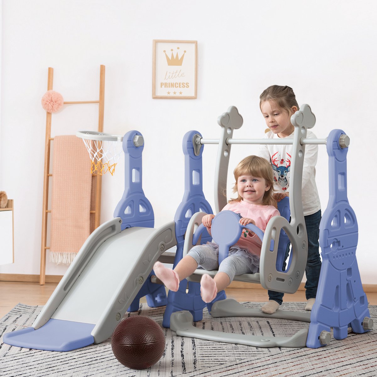 4 In 1 kinderglijbaan schommel met basketbalstandaard, indoor plastic glijbaan set voor 1-6 jarigen, klimladder, schommelglijbaan tuinglijbaan, achtertuin baby glijbaan set voor de speeltuin, Blauw