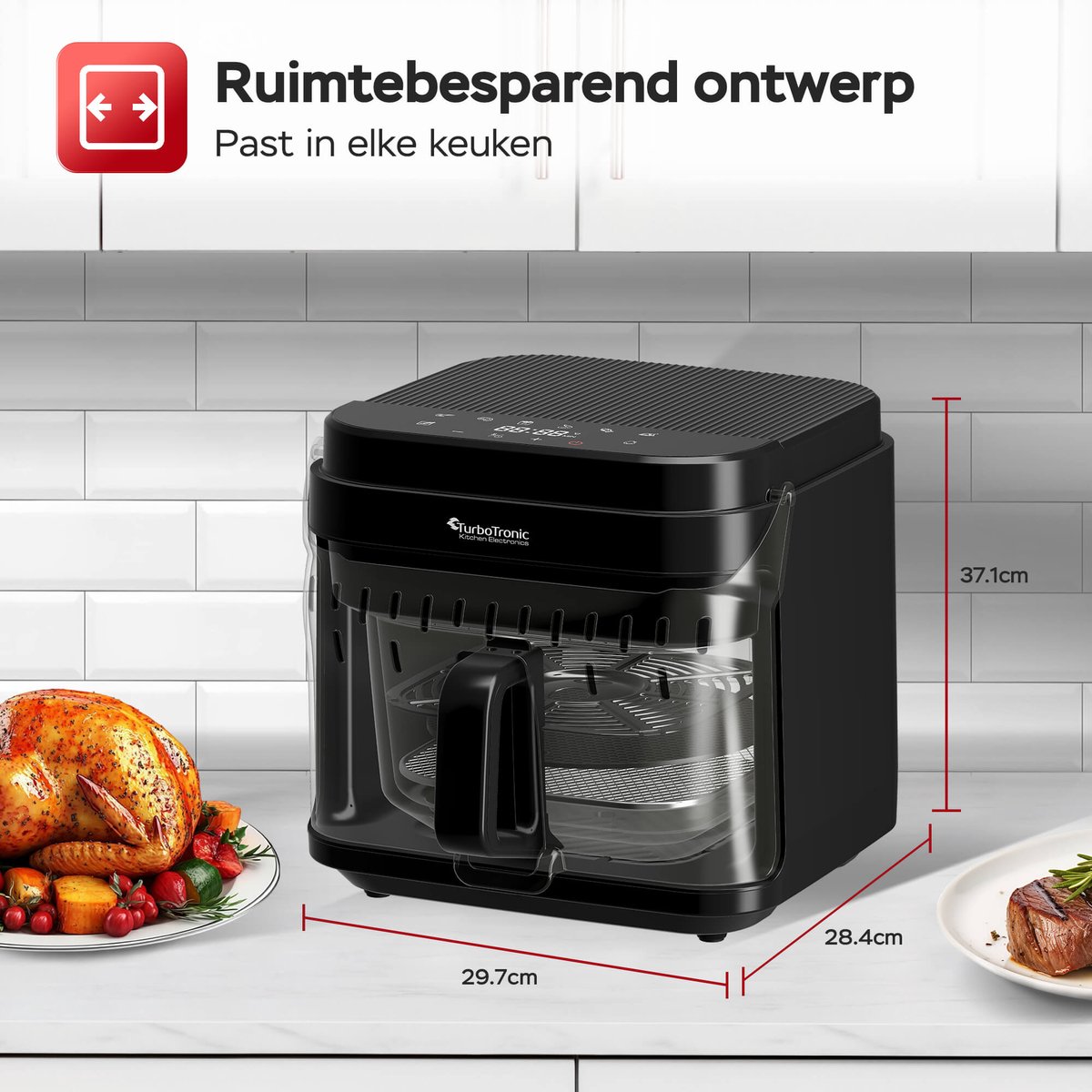 Afbeelding 2 van Turbotronic AFG5 Airfryer XL met glazen bak- BPA Vrij - 5.5L - Heteluchtfriteuse - Dual Heating - 40ºC tot 200ºC - 8 Kookprogramma's - Zwart
