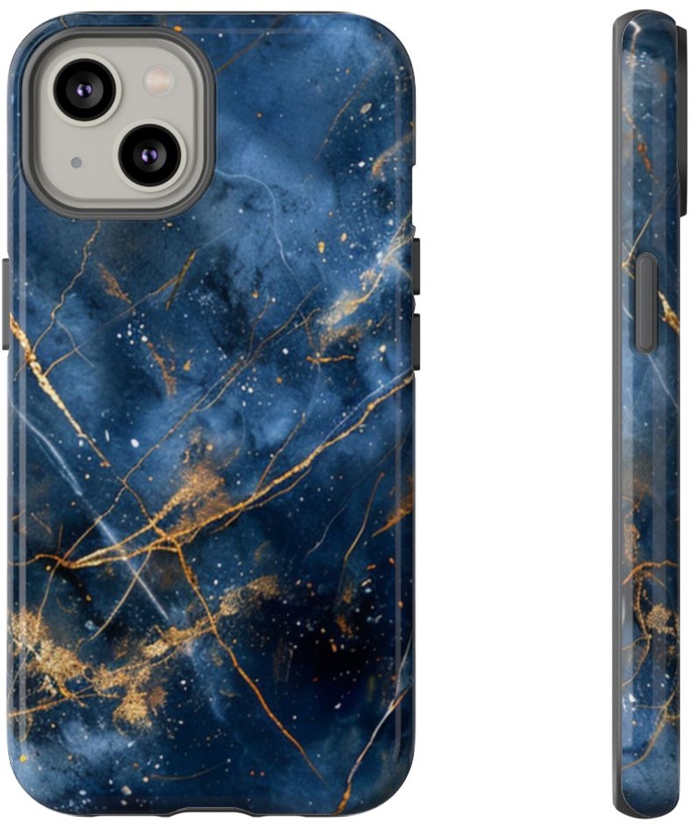 Blauw Marmerpatroon met Gouden Adering – Telefoonhoesje Geschikt voor iPhone 14