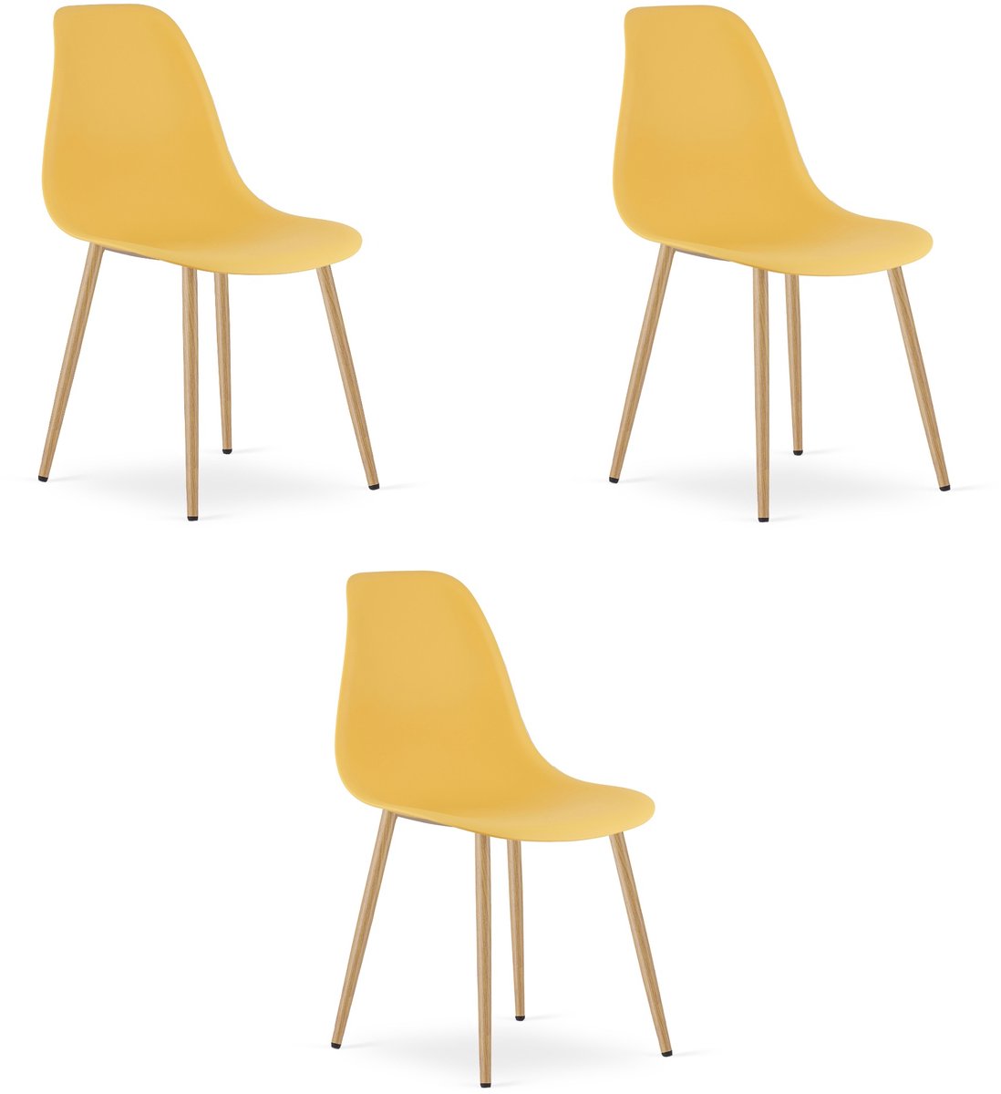 Set van 3 Stoelen WAT – Mosterdgeel, Houtlook Metalen Poten, Kunststof Zitting – Modern en Ergonomisch – Geschikt voor Eetkamer, Woonkamer, Keuken, Thuiswerkplek, Kantine en Wachtruimte – Eenvoudige Montage