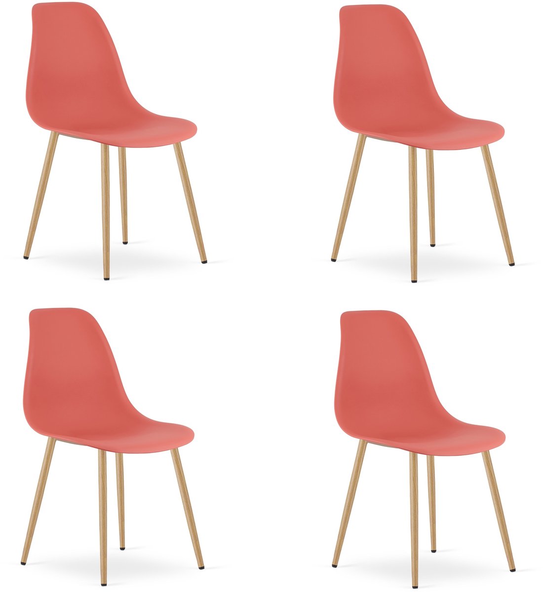 Set van 4 Stoelen WAT – Koraalrood, Houtlook Metalen Poten, Kunststof Zitting – Modern en Ergonomisch – Geschikt voor Eetkamer, Woonkamer, Keuken, Thuiswerkplek, Kantine en Wachtruimte – Eenvoudige Montage