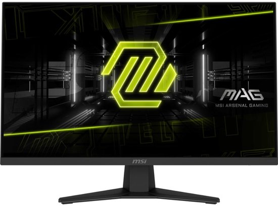 Vooraanzicht van een zwarte MSI MAG 274F gaming monitor met het MSI-logo en 'MAG MSI ARSENAL GAMING'.