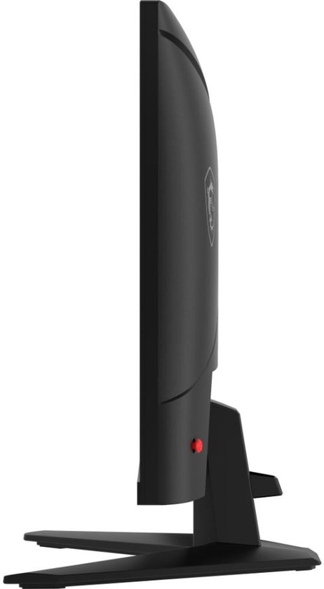 Zijaanzicht van een zwarte MSI gaming monitor met een rode aan/uit-knop.