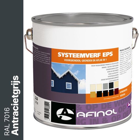 Blik Afinol Systeemverf Antracietgrijs (RAL 7016). Bevat afbeelding van blauw huis en kleurstalen.