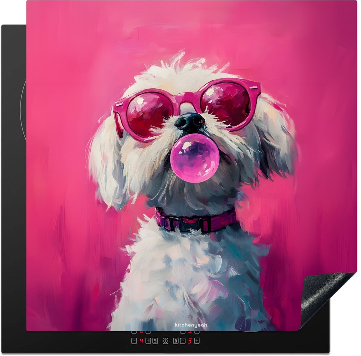 KitchenYeah® Inductie beschermer 58x59 cm - Roze - Hond - Kauwgom - Kookplaataccessoires - Afdekplaat voor kookplaat - Inductiebeschermer - Inductiemat - Inductieplaat mat - Keuken decoratie