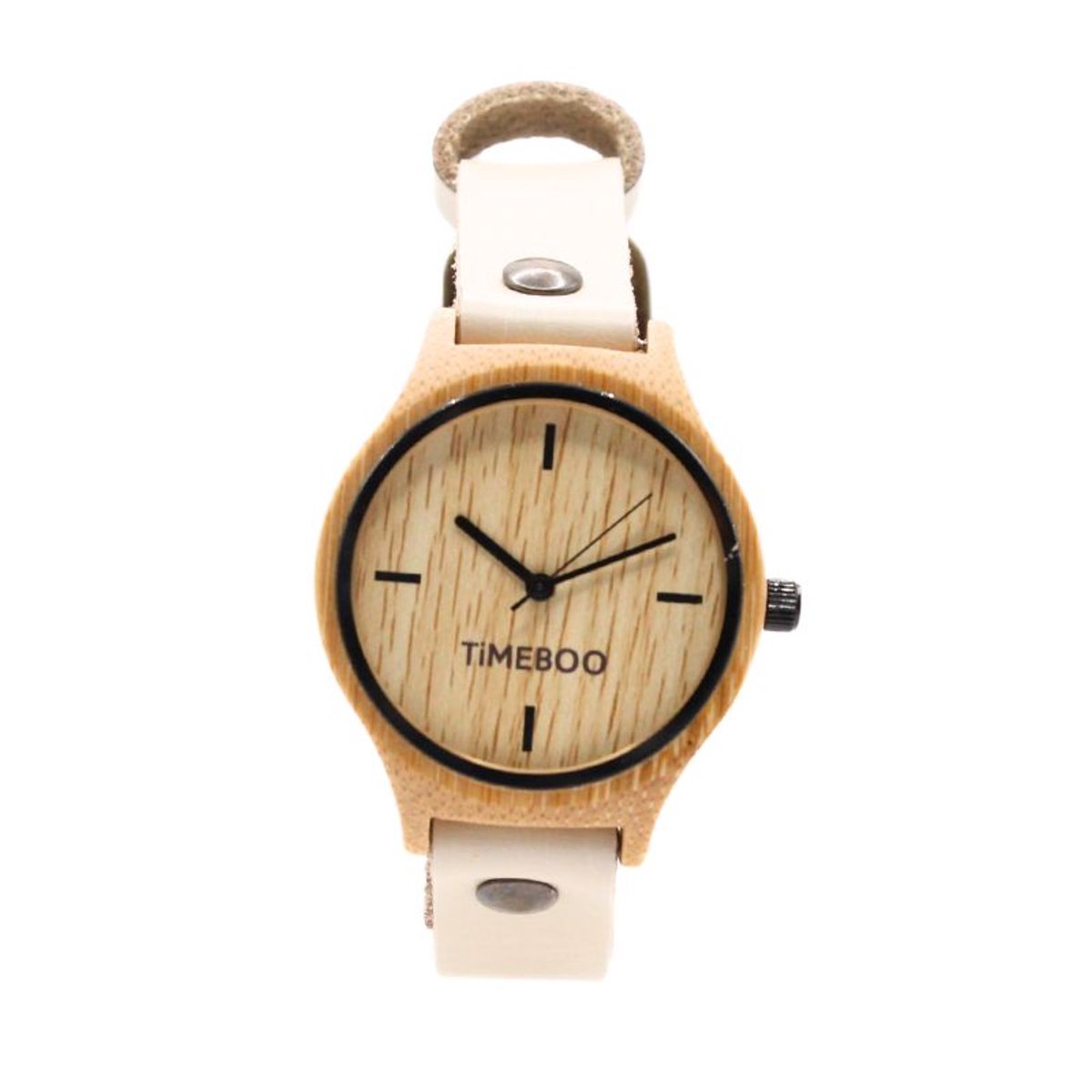 Timeboo horloge Twist | Bamboe houten horloge | dames - leer - Creme - zonder cijfers
