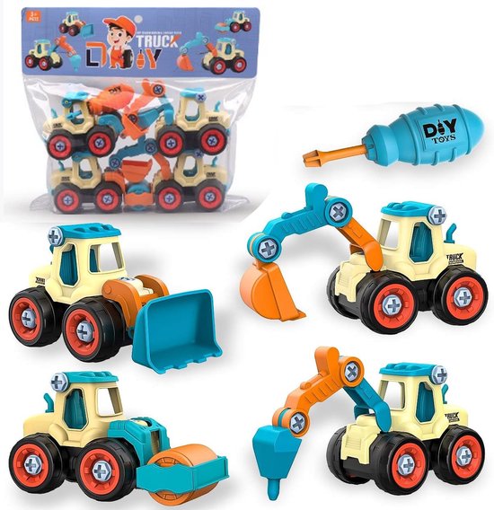 Graafmachine speelgoed vanaf 3 4 5 jaar voor jongens, 4 in 1 CONSTRUCTIE jongens zandbak zand speelgoed techniek set, demonteren DIY bouwvoertuigen educatief speelgoed voor kinderen