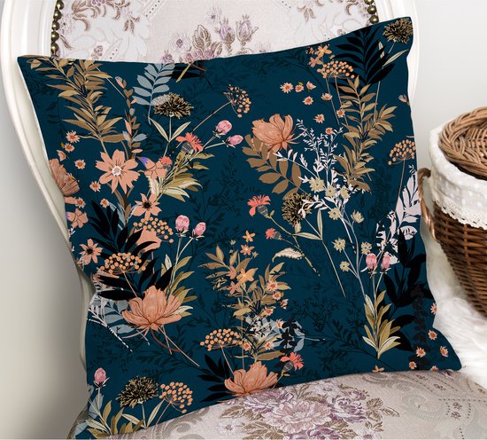 Sierkussen en velours - 45x45 - Fleurs sur fond bleu foncé - Coussin intérieur inclus - Imprimé recto verso