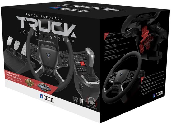 Verpakking van Hori Force Feedback Truck Control System, met afbeeldingen van het stuur, pedalen en versnellingspook.