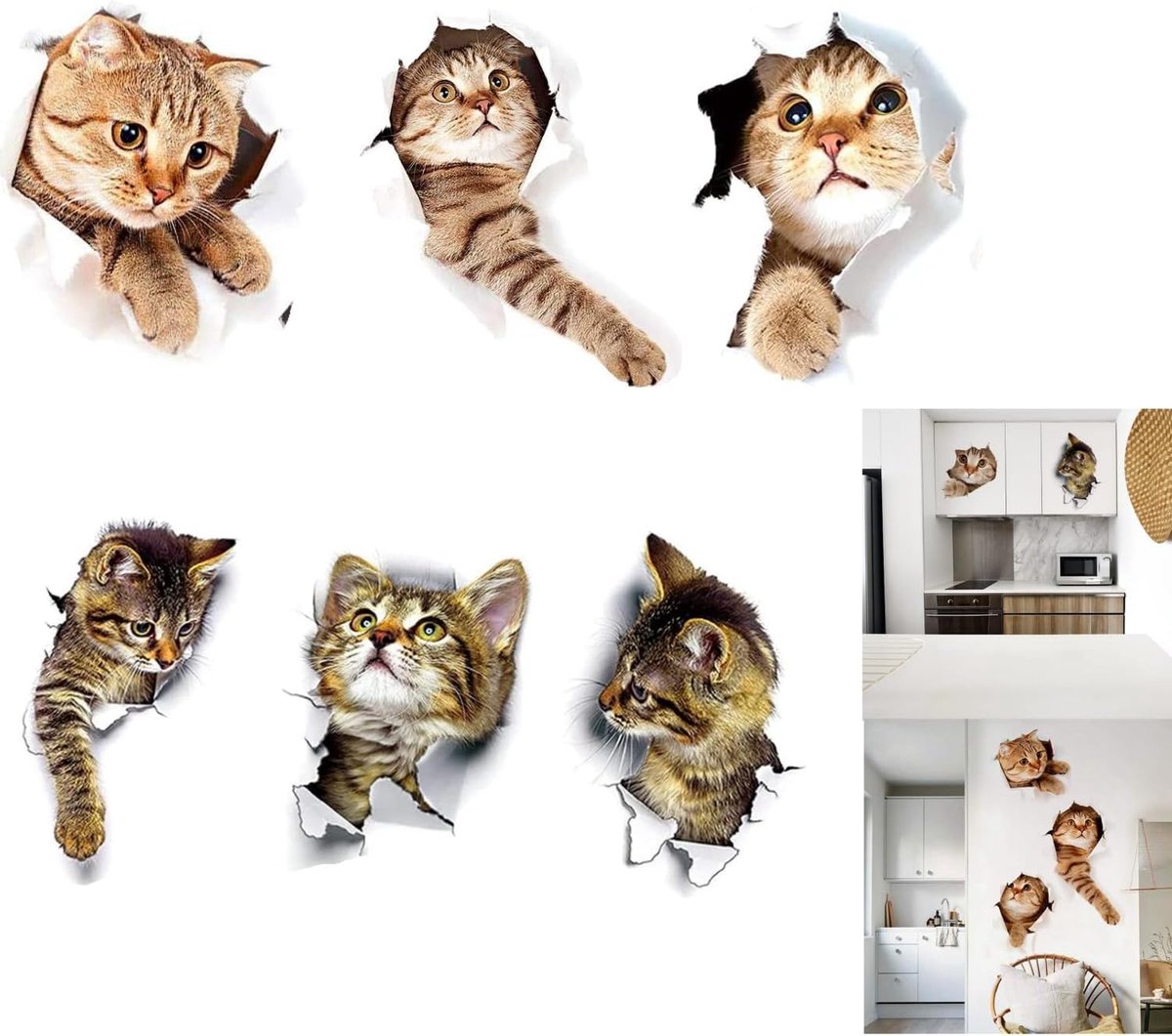Image of 6 Stukken Schattige 3D Kat Muurstickers - Waterdichte Dierenstickers voor Toilet - Keuken Meubel Deur en Koelkast