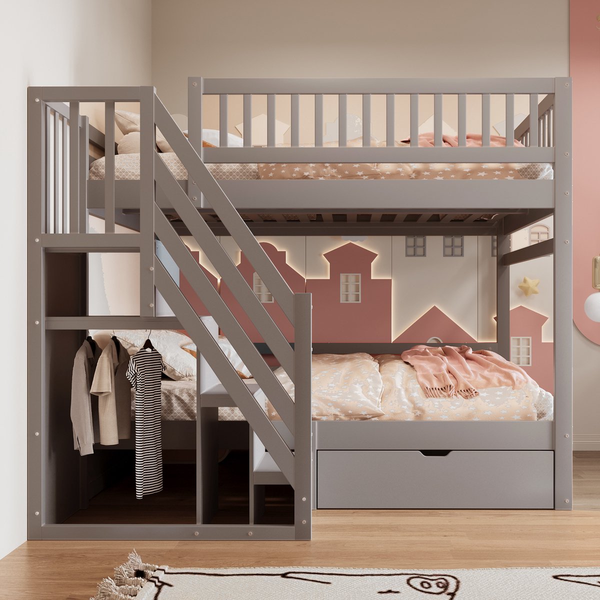 Merax Stapelbed 140x200 cm met hoge veiligheidsleuning - veiligheidsladder met opbergruimte - met opberglades - kinderbed - grijs - zonder matras