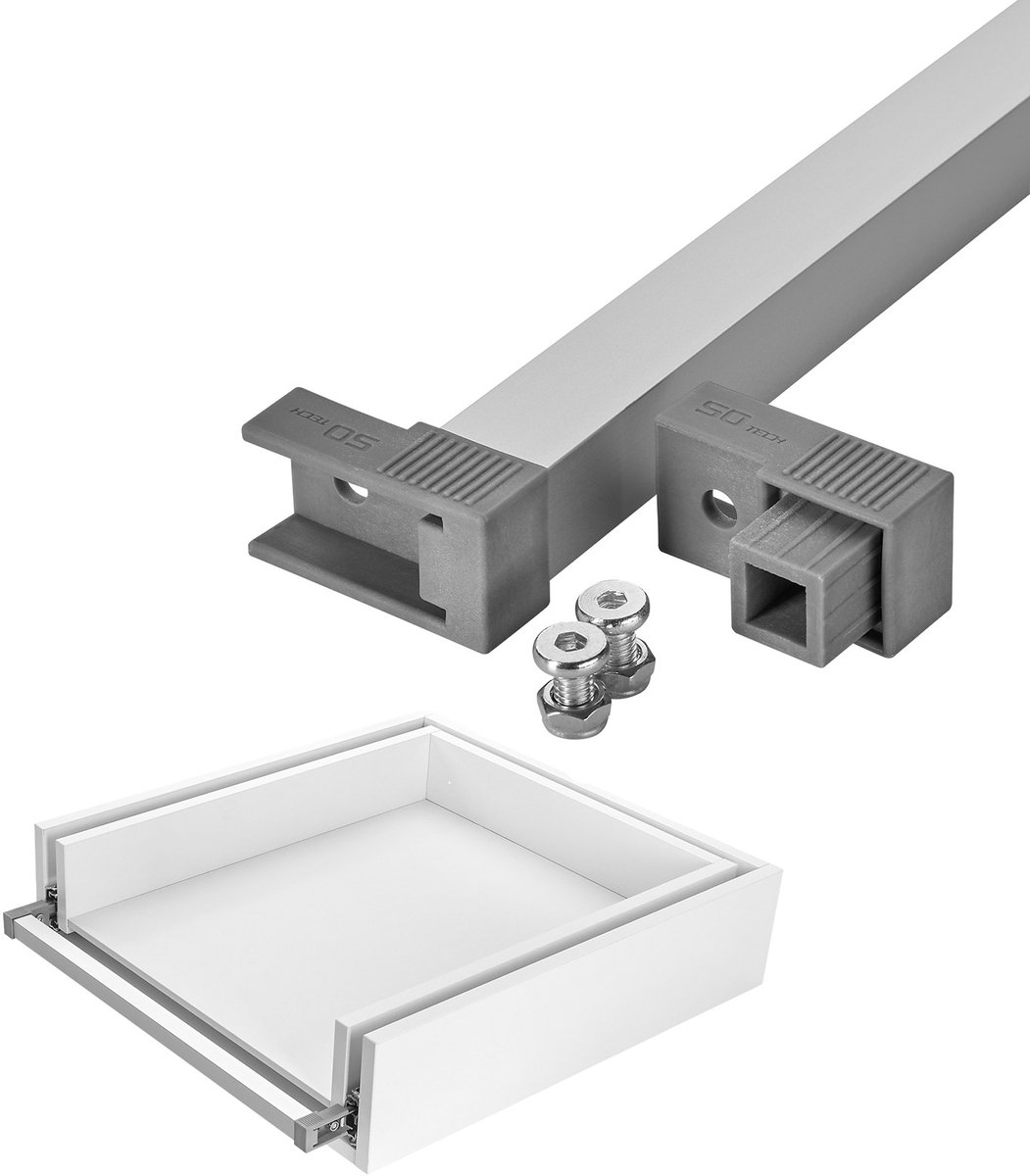 SOTECH VarioSlide Pat. Met één hand te sluiten voor frontloze laden, 900 mm breed, geanodiseerd aluminium met grijze adapter voor zware laden VarioSlide KV2-100-H53-Lxxx-EH en KV2-200-H76-Lxxx-EH