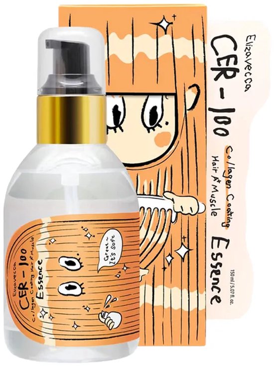 Bouteille avec étiquette orange et visage de dessin animé et boîte avec cheveux de dessin animé, sur fond blanc.