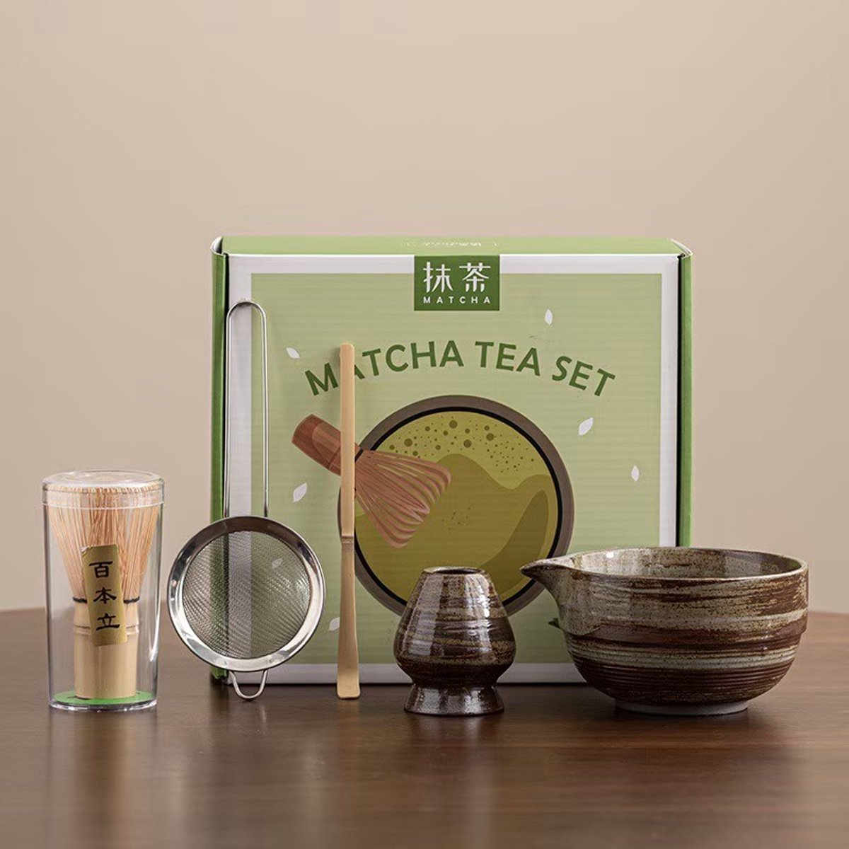 Matchaset 5-delig ‘Kurimi Bruin’ – Japanse theeset met chawan (kom), chasen, chashaku, houder & zeef – Keramiek – Luxe matcha cadeau