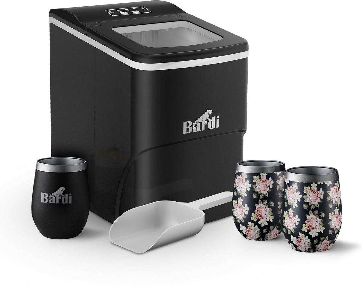 Bardi IJsblokjesmachine Set - 2 Liter Zwart - 12KG IJsblokjes in 24 uur - met IJsschep - Inclusief 3 Luxe Thermosbekers en Ijsschep -Bloemetjes