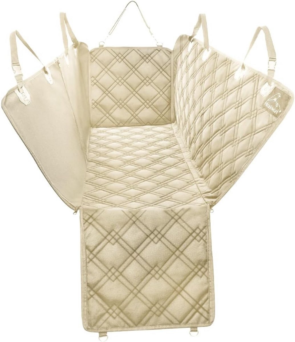 Honden Autostoelhoes Beige - Uniek Design - Volledige Bescherming Achterbank Deuren En Hoofdsteunen - Waterdicht Met Rits En Accessoires