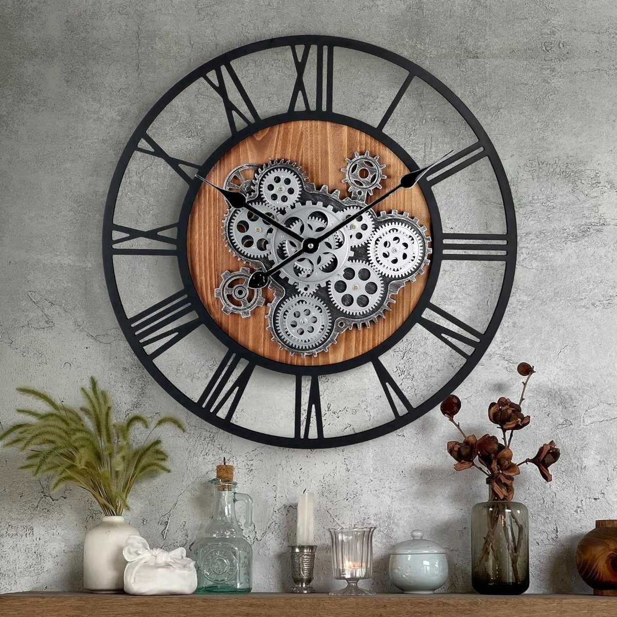 QPFO® Grote industriële houten wandklok met draaiende tandwielen ronde muurklok 57 cm met Romeinse cijfers zwart — cadeau in Wonen & Interieur - foto 4