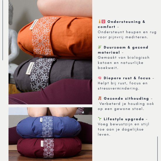 Samarali Halve Maan Yogakussen voor meditatie - Biologisch katoen GOTS-gecertificeerd, gevuld met boekweitdoppen, ergonomisch en verstelbaar, 34x20x17 cm, grijs van Samarali — afbeelding 5