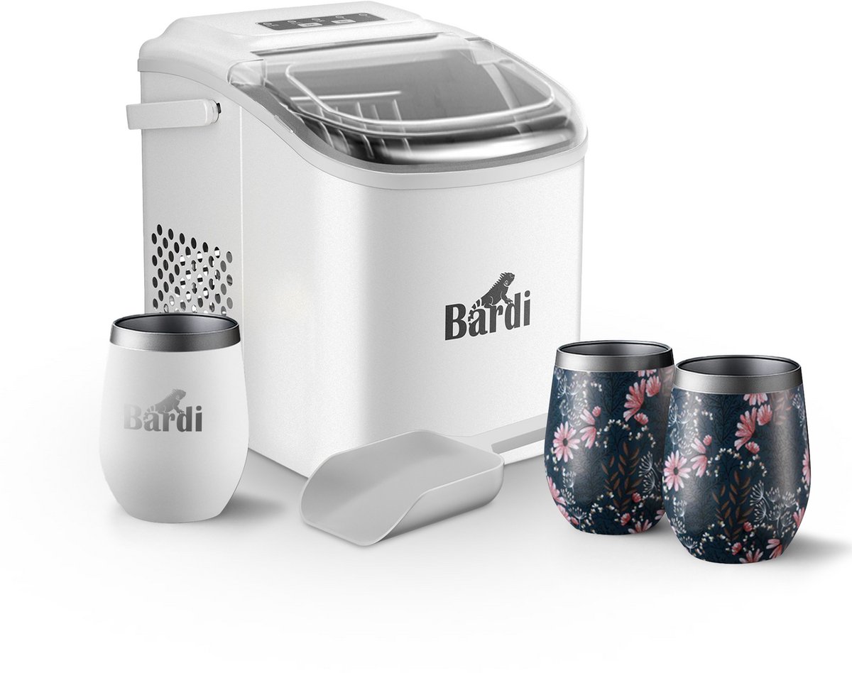 Bardi Deluxe ijsblokjesmachine set – 1,2L – Wit – Inclusief 3 Luxe Thermosbekers en ijsschep – Japanese Flower