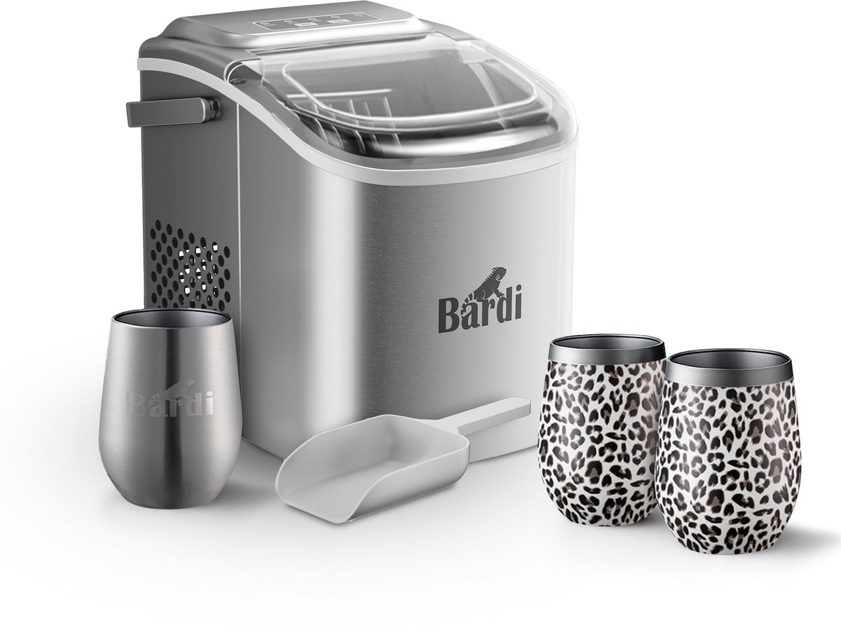 Bardi Deluxe ijsblokjesmachine set – 1,2L – RVS – Inclusief 3 Luxe Thermosbekers en ijsschep – LEO
