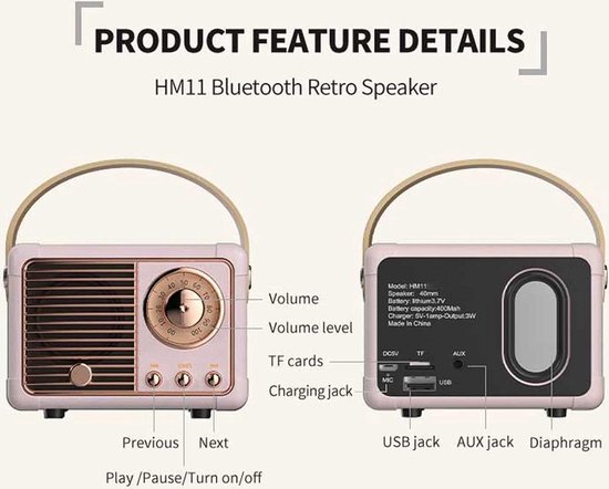 Retro bluetooth speaker- vintage decor - draagbare draadloze bluetooth speaker - Roze van Merkloos — afbeelding 3
