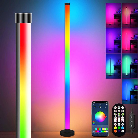 Lampadaire LED intelligent Rosnek RGB (16 millions de couleurs) - Lampe d'angle avec Bluetooth- Application et télécommande - Modes dynamique et musical - Éclairage d'ambiance pour salon, chambre, Fête