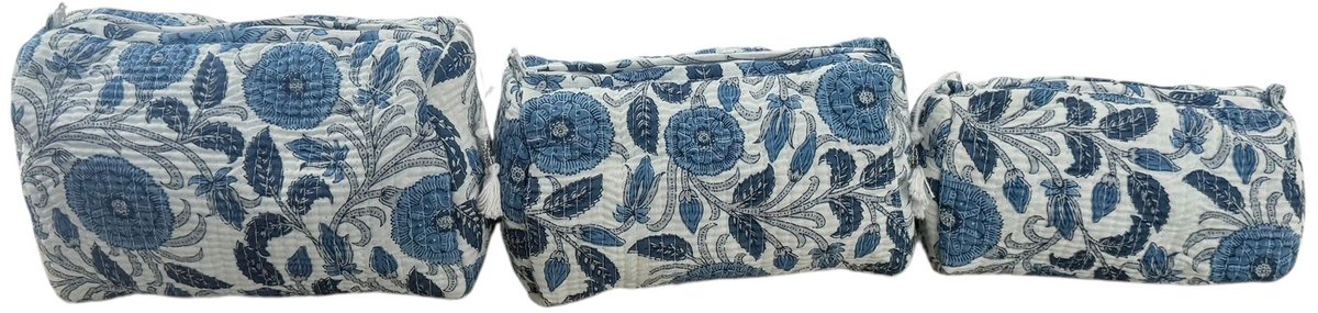 Set van 3 Toilettassen Kantha Wit/Blauw, 3 verschillende formaten